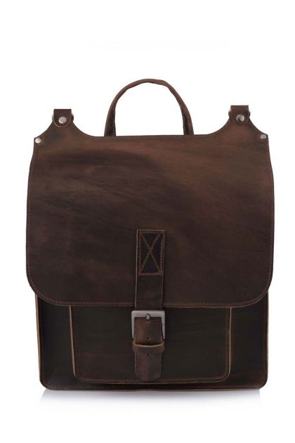 Square Shape Leather Backpack - Καφέ