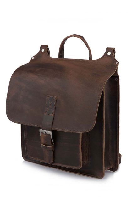 Square Shape Leather Backpack - Καφέ